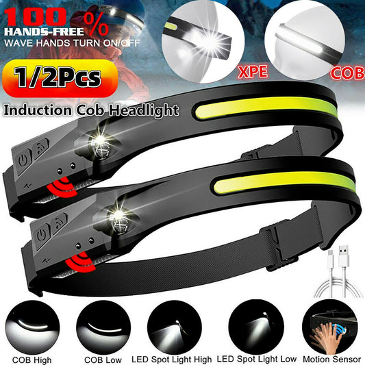 1-2X LED Head Torch Rechargeable Waterproof COB Headlamp Motion Sensor Headlight